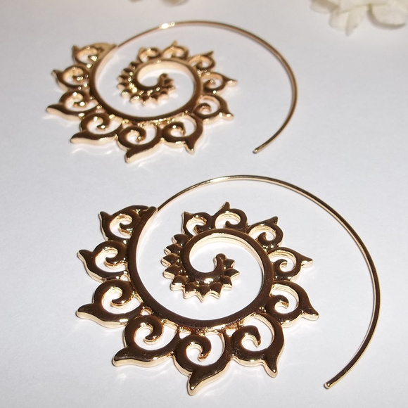 Gold Huggie Hoop Earrings Spiral Tribal Unisex Jewelry Set Pair Statement 4723 - Picture 5 of 10